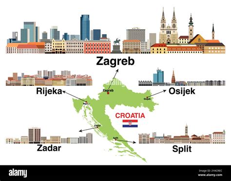 list of cities in croatia|Cities in Croatia: Zagreb, Split, Rijeka, Osijek, Pula, Zadar.